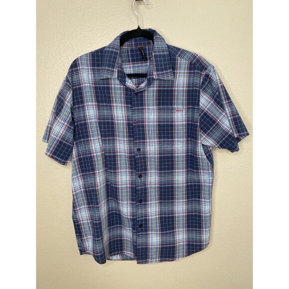 RVCA Mens Blue Shirt Large short sleeve button up cotton collared plaid - Picture 2 of 7